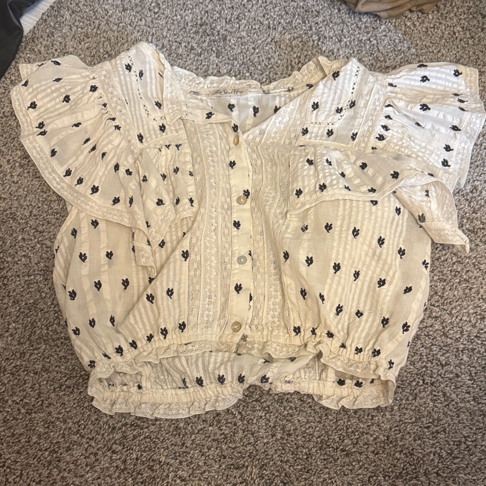 LoveShackFancy Cream and Black Floral Top